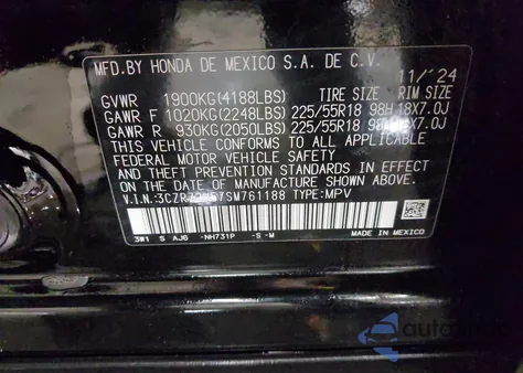 2025 Honda Hr-V Awd Sport z USA, uszkodzony, nr VIN 3CZRZ2H57SM761188